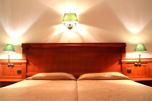 1 dormitorio con 1 cama con 2 luces encima en Hotel Haromar, en Calella