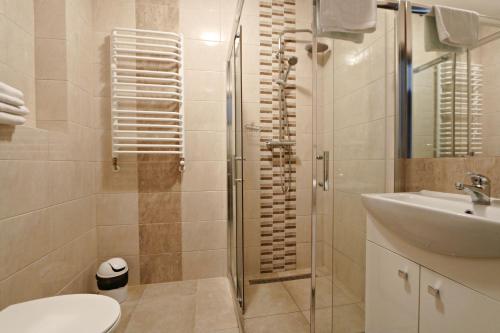 a bathroom with a shower and a toilet and a sink at Villa Juliette by Baltic Home in Świnoujście