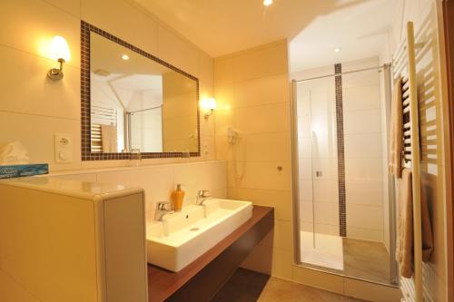 a bathroom with a sink and a mirror at Hotel Dreimädelhaus in Espelkamp-Mittwald