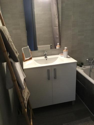 une salle de bain avec un lavabo blanc et une baignoire dans l'établissement Marina, à Narbonne