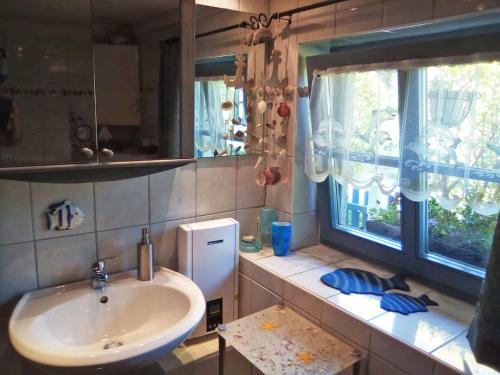 łazienka z umywalką i oknem w obiekcie Lütt Stuuv am Dorfanger w mieście Barth