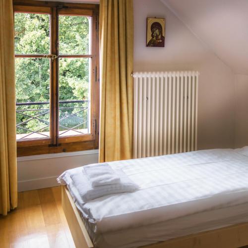 a bedroom with a bed and a large window at Château de Bossey in Bogis-Bossey
