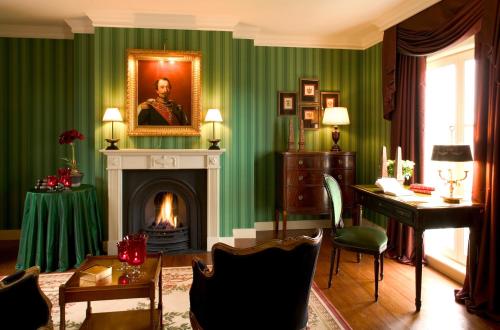 
a living room filled with furniture and a fire place at Brugsche Suites - Luxury Guesthouse in Bruges
