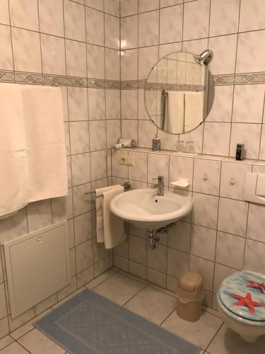 a bathroom with a sink and a mirror and a toilet at Ferienappartement Souterrain in Volkertshausen