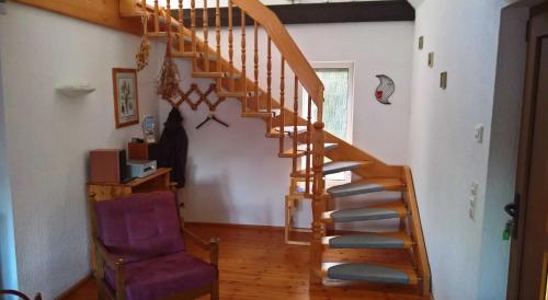 a wooden staircase in a living room with a purple chair at Ferienhaus Juhnke in Kamminke