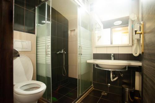 een badkamer met een toilet, een wastafel en een douche bij Hotel Savojo in Petrovac na Moru