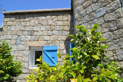 a stone building with a blue window and a tree at Résidence de Filitosa - Le Torréen in Sollacaro
