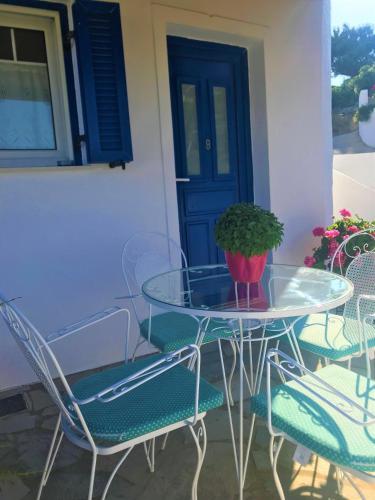 a glass table with chairs and a potted plant at Danaides Studios in Batsi