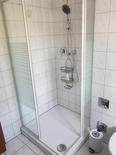 a shower in a bathroom with a glass door at Ferienwohnung Hampel in Eisenach