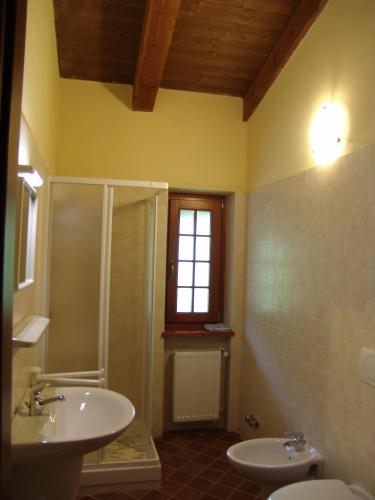 a bathroom with a sink and a shower at Agriturismo La Chabranda in Pomaretto