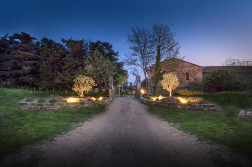 a dirt road with trees and lights in a yard at B&B Maison d'hôte et gite Mas d'Eymard in Arles