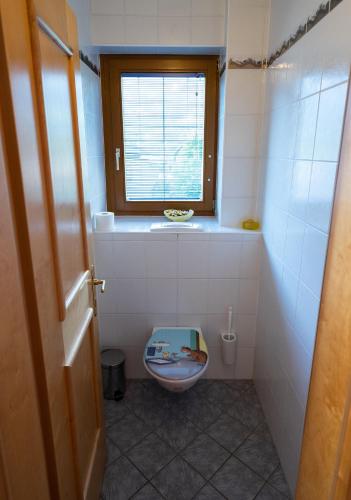 a small bathroom with a toilet with a window at Ferienwohnung Waschnig in Greifenburg