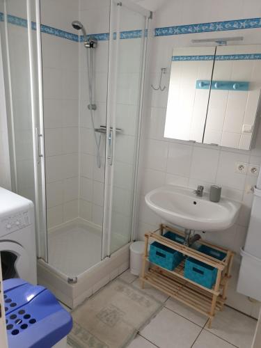 une salle de bain avec douche et lavabo dans l'établissement Les pieds dans le sable, au Cap d'Agde