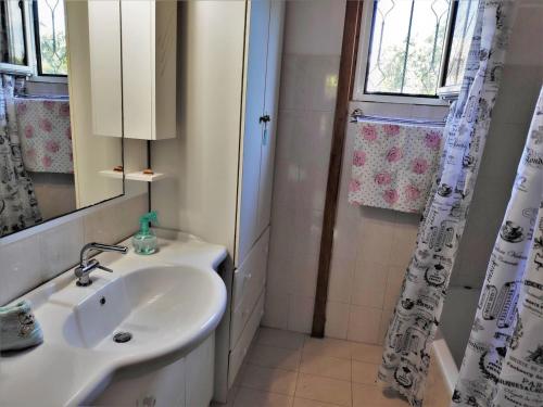 a bathroom with a sink and a shower curtain at Casa di Diamanto in Porto Rafti
