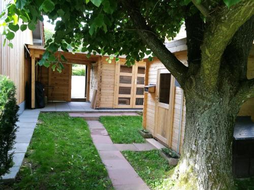 a house with a tree in the yard at Ferienhaus Glücksmoment in Grasellenbach