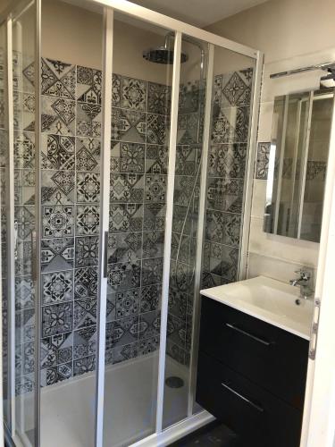 une salle de bain avec douche et lavabo dans l'établissement Duplex avec piscine, à Villenave-dʼOrnon