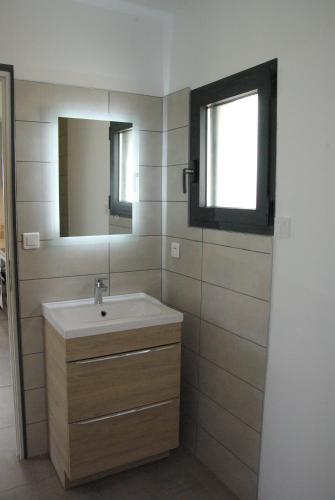 a bathroom with a sink and a mirror at Gîte entre mer et montagne in Laa-Mondrans
