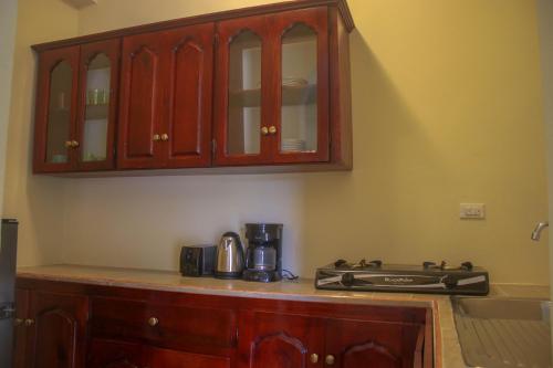 a kitchen with wooden cabinets and a counter top at Solet's Paradise Negril in Negril