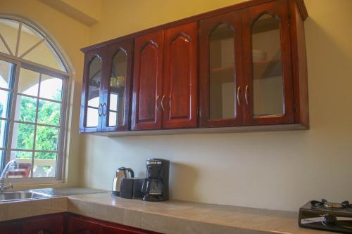 a kitchen with wooden cabinets and a counter top at Solet's Paradise Negril in Negril