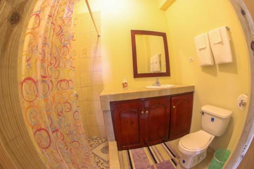 a bathroom with a toilet and a sink and a mirror at Solet's Paradise Negril in Negril