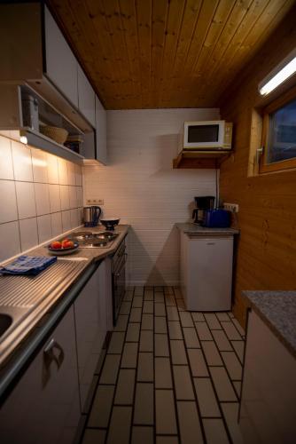 a small kitchen with a stove and a microwave at Haflingerhof Heed in Kuhstorf