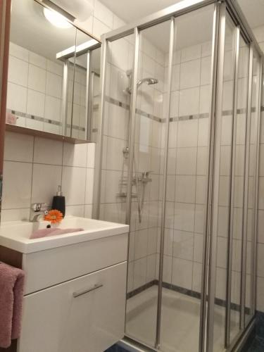 a bathroom with a shower and a sink at Landhaus Sarah in Dorfgastein