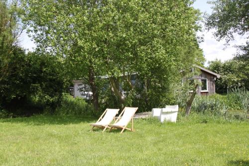 a group of lawn chairs sitting in the grass at Landhotel Teichwiesenhof in Oldenburg in Holstein