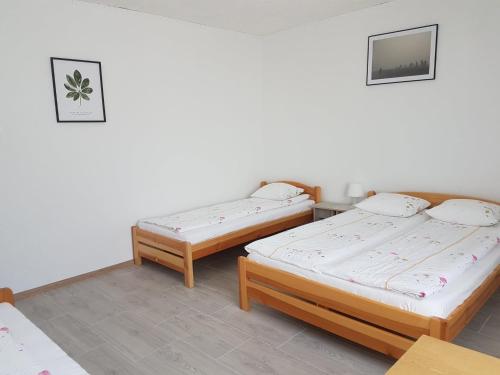 two beds in a room with white walls at Marynarska 19 in Darłówko