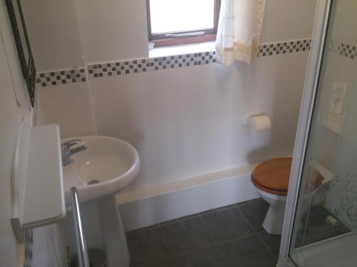 uma casa de banho com um lavatório, um WC e uma janela. em Six Bells Inn em Bardwell