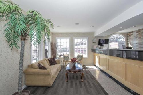 a living room with a couch and a palm tree at Canadas Best Value Inn Chinook Station in Calgary