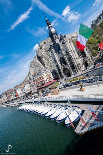 a row of boats in the water in front of a city at Voisins du kayak in Dinant