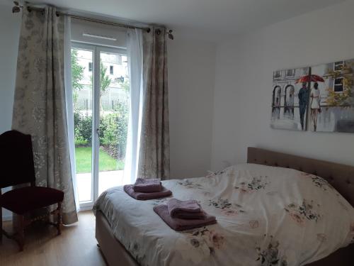 um quarto com uma cama e uma grande janela em Le Carré des fleurs em Estrasburgo