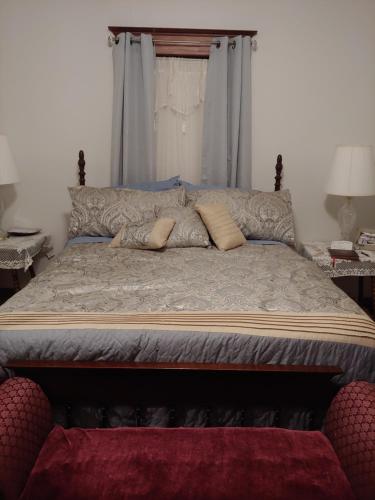 ein Bett mit Kissen darauf im Schlafzimmer in der Unterkunft Delano Bed and Breakfast in Wichita