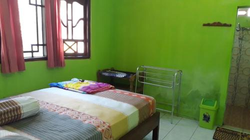 a green bedroom with a bed and a window at Willy Homestay Borobudur in Borobudur