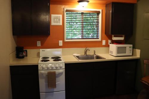 a kitchen with a stove and a sink and a microwave at Lone Fir Resort in Cougar