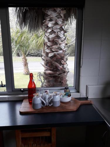 a tray with three coffee cups and a palm tree at Tarawera River Lodge Motel in Kawerau