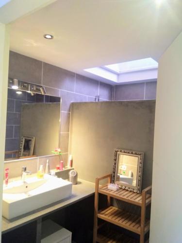 une salle de bain avec un lavabo et un miroir dans l'établissement Résidence tout confort à 10'Canet plage, à Cabestany