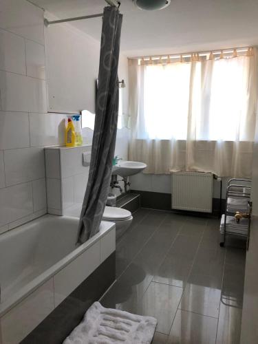 a bathroom with a tub and a toilet and a sink at Apartment BLN in Oststeinbek