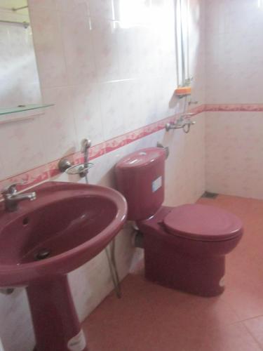 a bathroom with a red toilet and a sink at CFR SkyLine in Katunayaka