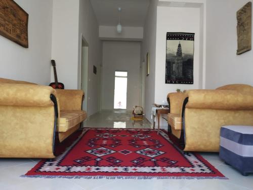 a living room with two couches and a red rug at Olive B&B in Berat