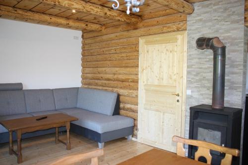 a living room with a couch and a stove at Blockhütte Radmer in Radmer an der Hasel
