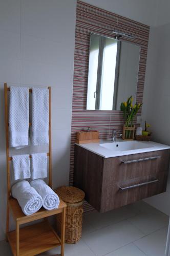 a bathroom with a sink and a mirror and towels at Colazione da Augusta - Guesthouse in Turin