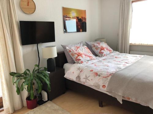 德科赫的住宿－De vier Berken 1，一间卧室配有一张床和盆栽植物