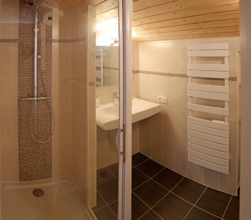 a bathroom with a shower and a sink and a toilet at Gîte Domaine Le Fragnaud in Saint-Porchaire