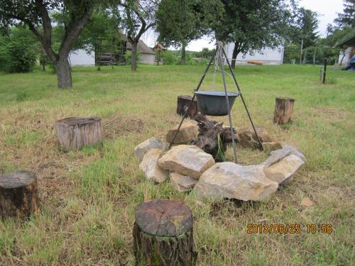 a fire pit in a field with logs and a bucket at Erdősmecskei sváb vendégházak és Jurtaszállás in Erdősmecske