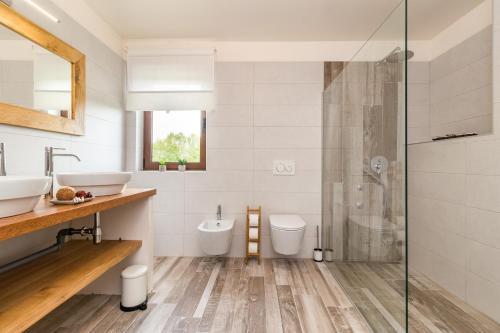 ein Bad mit einem WC, einem Waschbecken und einer Dusche in der Unterkunft Villa Luka in Brtonigla