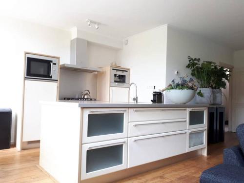 a white kitchen with a counter and a refrigerator at In the old City Centre of Edam, unique apartment. in Edam