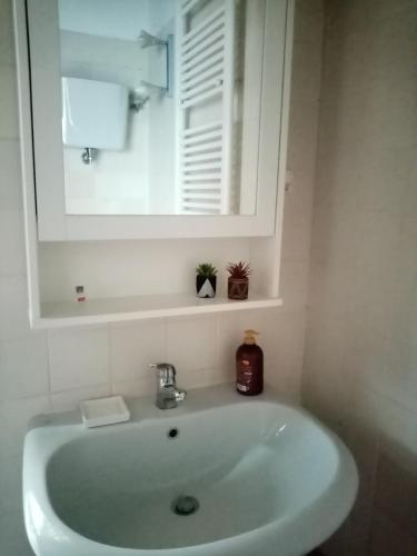 a white sink in a bathroom with a mirror at La Casetta in Trevi