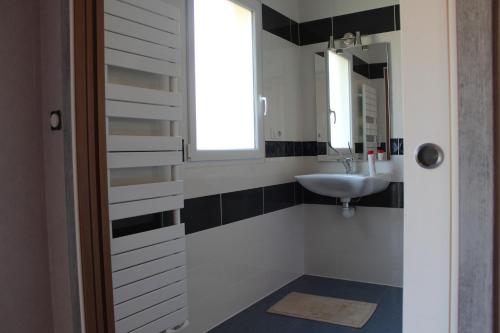 uma casa de banho com um lavatório e um espelho em B&B La Lyre em Saint-Georges-du-Bois