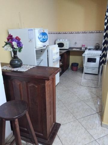 a kitchen with a refrigerator and a counter with a vase of flowers at MAU-MAR in Colón